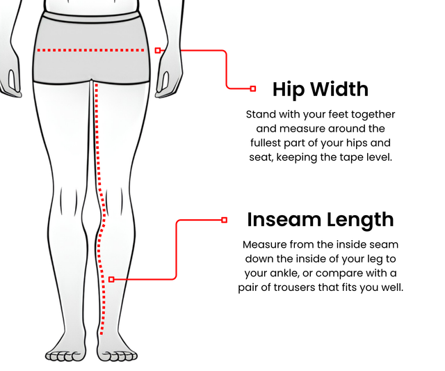 Beretta men's pants measurement guide showing waist, hip and inner leg measurements.